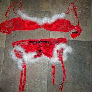 Seven Til Midnight Garter/Bra marabou Set Women Christmas Red/white Lingerie XL